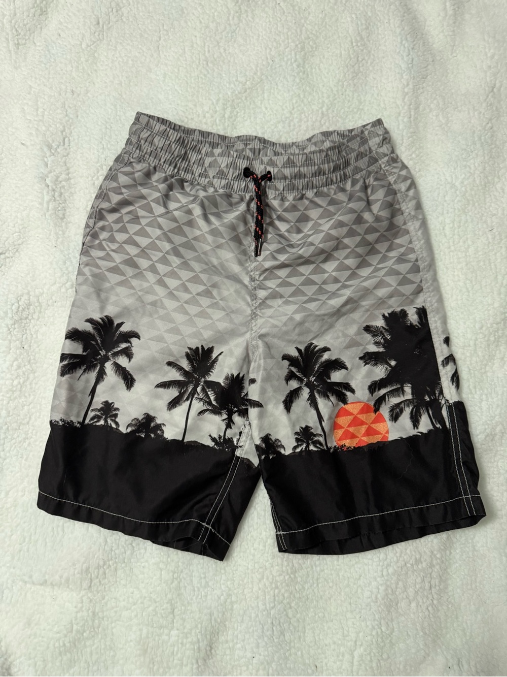Old Navy Gray Swim Trunks with Black Palm Silhouette and Orange Sun Accent
